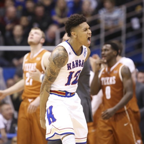Kelly Oubre Jr. yells in celebration during Kansas' 69-64 win over Texas