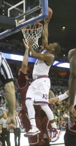 Wayne Selden lays in two points in Kansas' 75-56 win over New Mexico State.