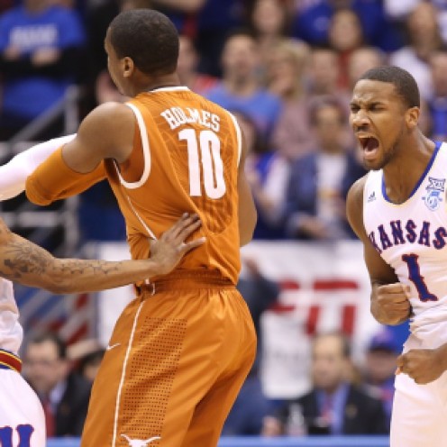 Wayne Selden reacts to a big play in the Jayhawks 69-64 win over Texas.